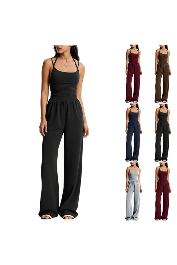 Jumpsuits for Women Plus Size Strappy Backless High Waist Romper Jumpsuit Summer Casual Solid Overszied Loose Comfy One Piece Sleeveless Wide Leg Pants