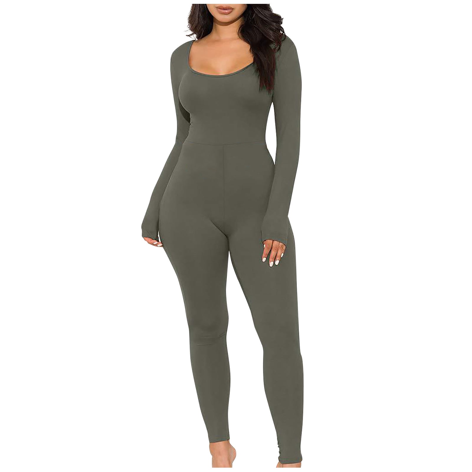 Jumpsuits for Women Rompers for Women Hot Sales WEANT Long Sleeve Jumpsuit for Women Built In Bra Seamless Ribbed Square Neck Full Length Bodycon Romper Jumpsuits Green Small Walmart