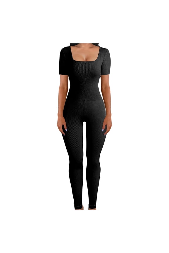 Jumpsuits for Women,Rompers for Women,Threaded Low Neck Short Sleeve Hip-Lifting Slim Jumpsuit Bodycon Romper Stretchy Square Neck Jumpsuit,Workout Seamless Jumpsuit Leggings Romper