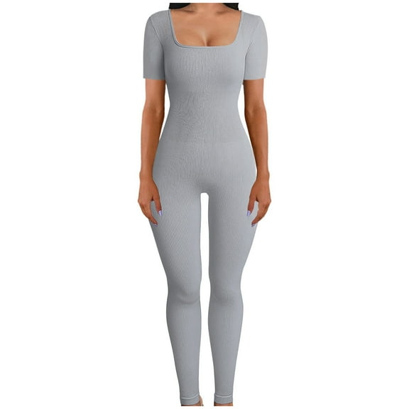 Jumpsuits for Women,Rompers for Women,Threaded Low Neck Short Sleeve Hip-Lifting Slim Jumpsuit Bodycon Romper Stretchy Square Neck Jumpsuit,Workout Seamless Jumpsuit Leggings Romper