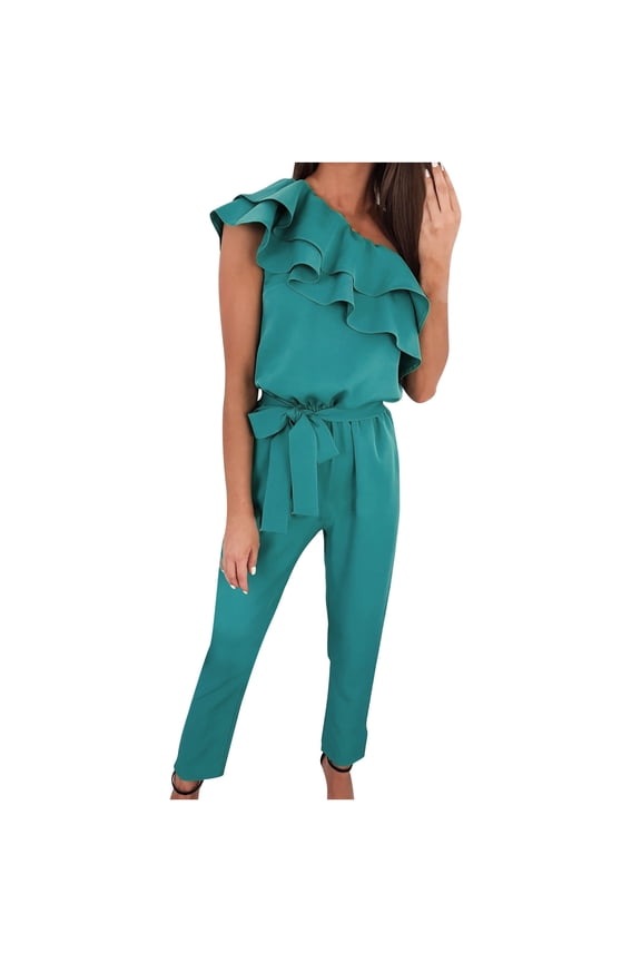 Jumpsuits Women Ruffle One Shoulder Sleeveless Belted Long Pants Romper Cusual Club Cocktail Dinner Clothes