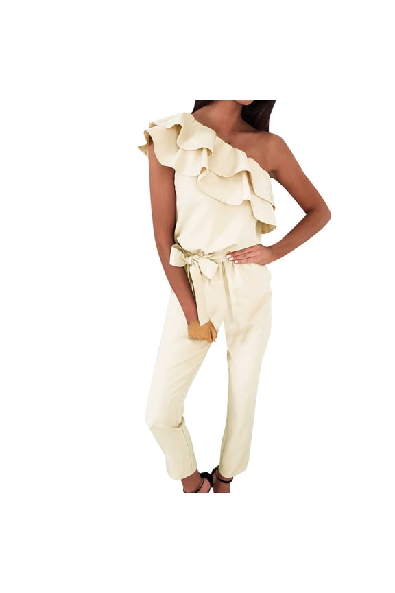 Jumpsuits Women Ruffle One Shoulder Sleeveless Belted Long Pants Romper Cusual Club Cocktail Dinner Clothes
