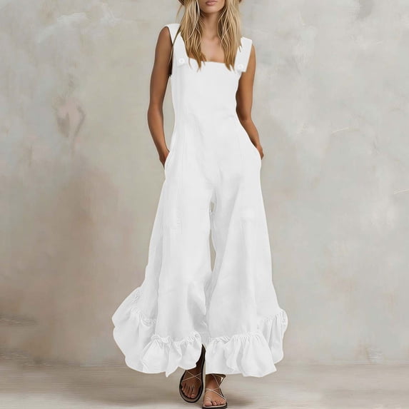 Jumpsuits for Women Shorts Women’s Button Strap Jumpsuit Squares Neck Ruffle Hem Wide Leg Flowy Pants Overalls with Pockets, Summer Boho Casual Wear White M