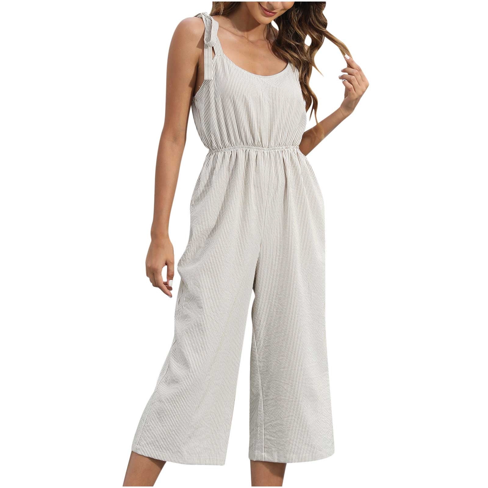 Jumpsuits Women Sleeveless Backless Tie Strap Capri Pants Romper Summer Striped One Piece Casual Outfits Beachwear