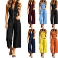 thumbnail image 1 of Jumpsuits for Women Sleeveless Zipper V Neck One Piece Jumpsuit Waist Cinched Slim Fit Wide Leg Ankle Length Jumpsuit with Pockets Summer Casual Outfits, 1 of 7
