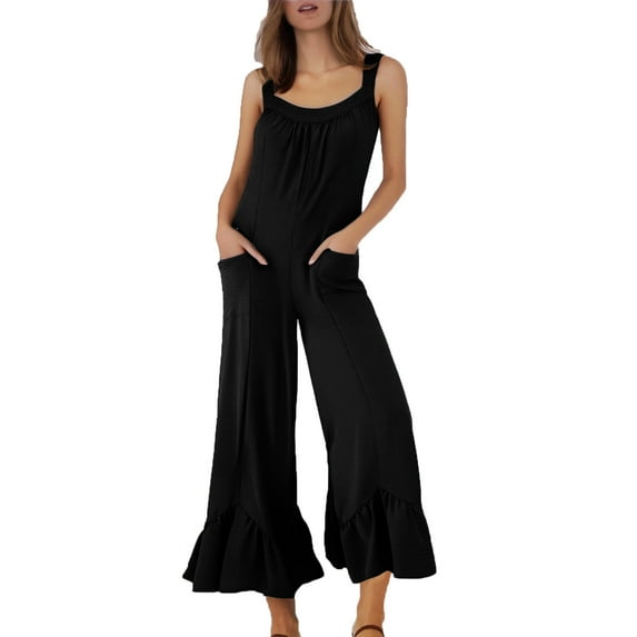 Jumpsuits for Women Summer Casual Loose Sleeveless Overalls Jumpsuit Ruffle Wide Leg Long Flare Pant Flowy Rompers with Pockets Short Jumpsuits for Women Short Sleeve Black XL