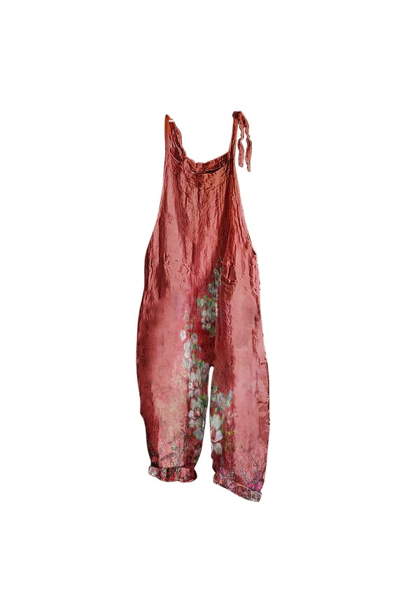Jumpsuits for Women Vintage Graphics Loose Soft Cotton Linen Adjustable Strap Baggy Jumpsuits Overalls Summer Formal Floral Print Crewneck Sleeveless Long Rompers Watermelon Red s
