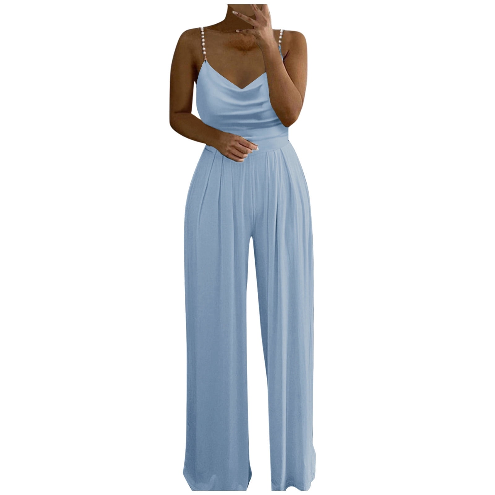 Jumpsuits for Women Womens Casual Solid Color Two Pearl Strap Sweetheart V Neck High Waist Tube Jumpsuit Pants Summer Dressy Rompers Jumpsuit womens jumpsuit Color Light Blue Size 2XL Walmart