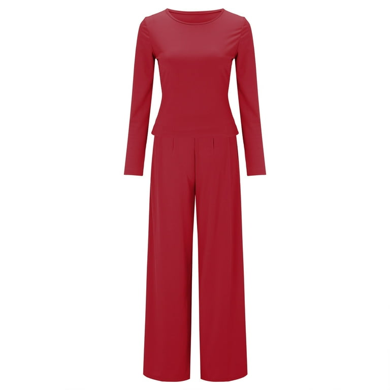 Jumpsuits for Women plus Size Juniors Pant Suits Formal Ladies Long Sleeve Trousers Solid Color Rib Knit Casual Comfortable Home Two Piece Set Trousers Suit Women Dress Pants Suits for Work