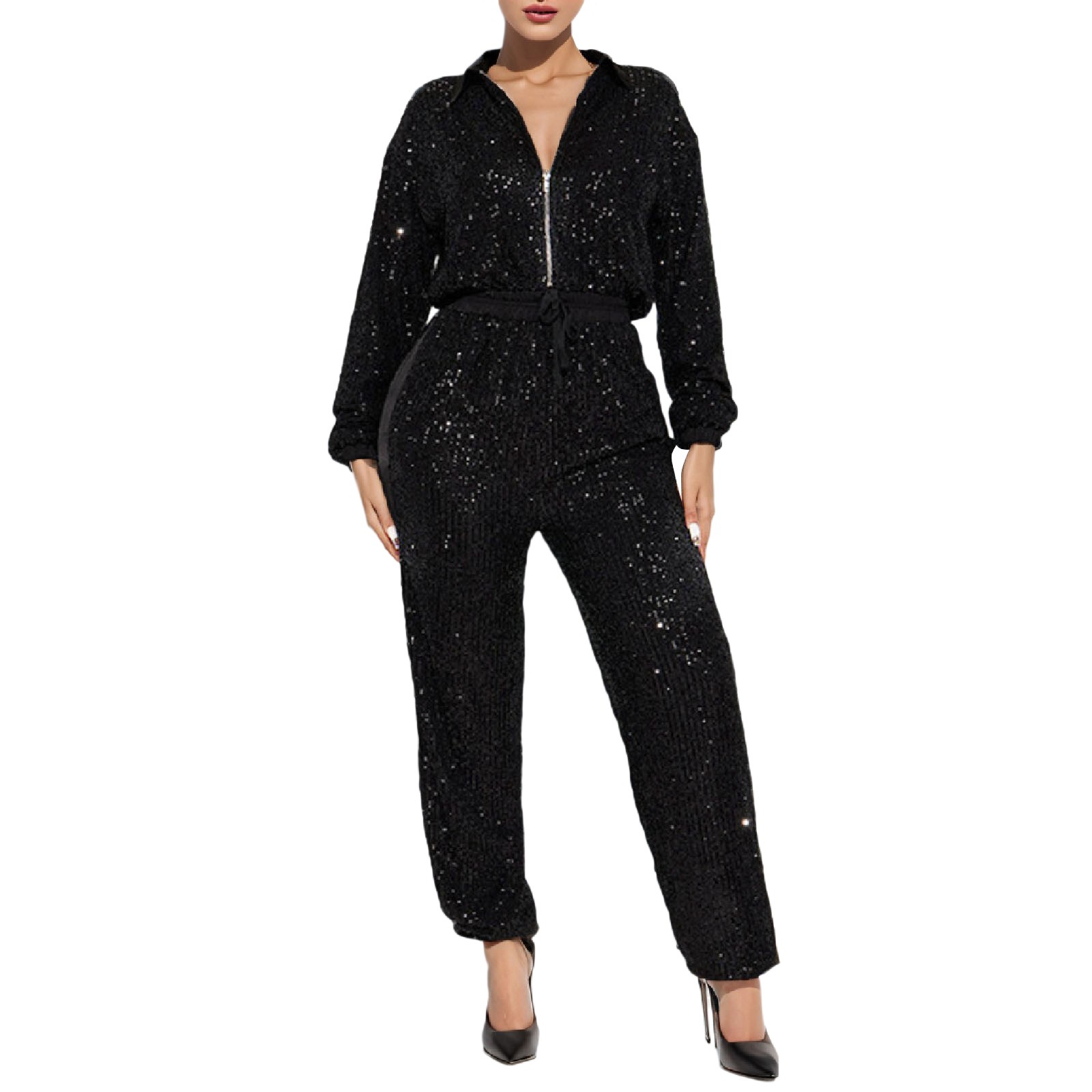 Jumpsuits for Women 2024 Casual V Neck Sparkly Long Sleeve Party Club Look Fashion Loose Comfy