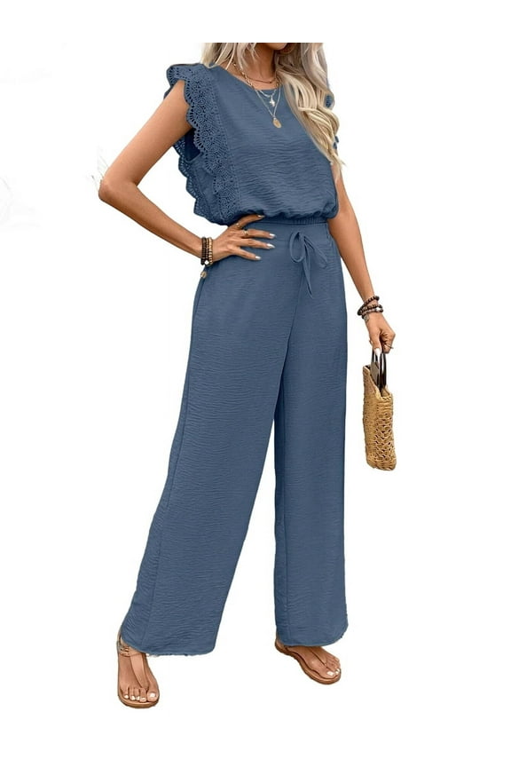 Jumpsuits for Women 2025 Summer Ruffle Sleeves Square Neck Rompers Drawstring Overalls with Pockets Royal Blue S
