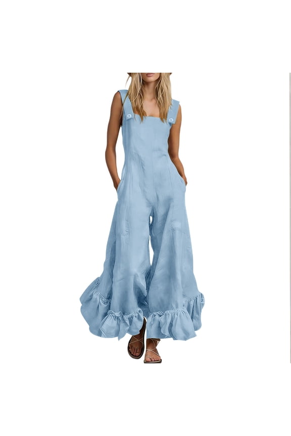 Jumpsuits for Women Baggy Wide Leg Ruffle Hem Pants Flowy Rompers Lightwieght Flowy Boho Overall with Pocket