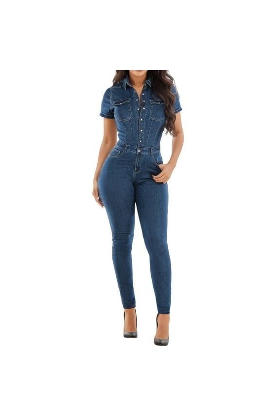 Jumpsuits for Women Button Down Slim Fit Denim Long Playsuit Lapel Full Length Jeans Overalls Rompers