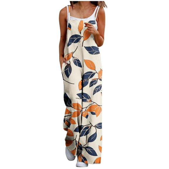 Jumpsuits for Women Casual Beach Fashion Summer Boho Wide Leg Rompers Sleeveless Overalls with Pockets