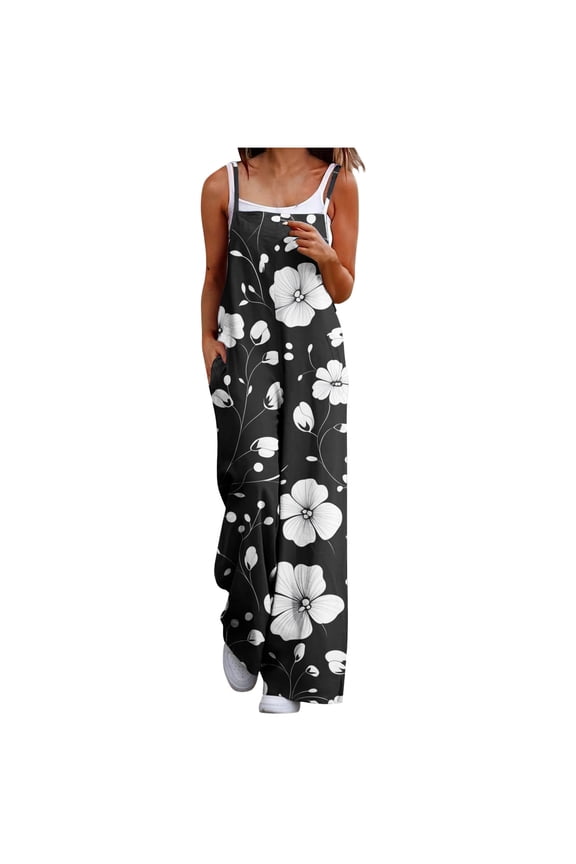 Jumpsuits for Women Casual Beach Fashion Summer Boho Wide Leg Rompers Sleeveless Overalls with Pockets