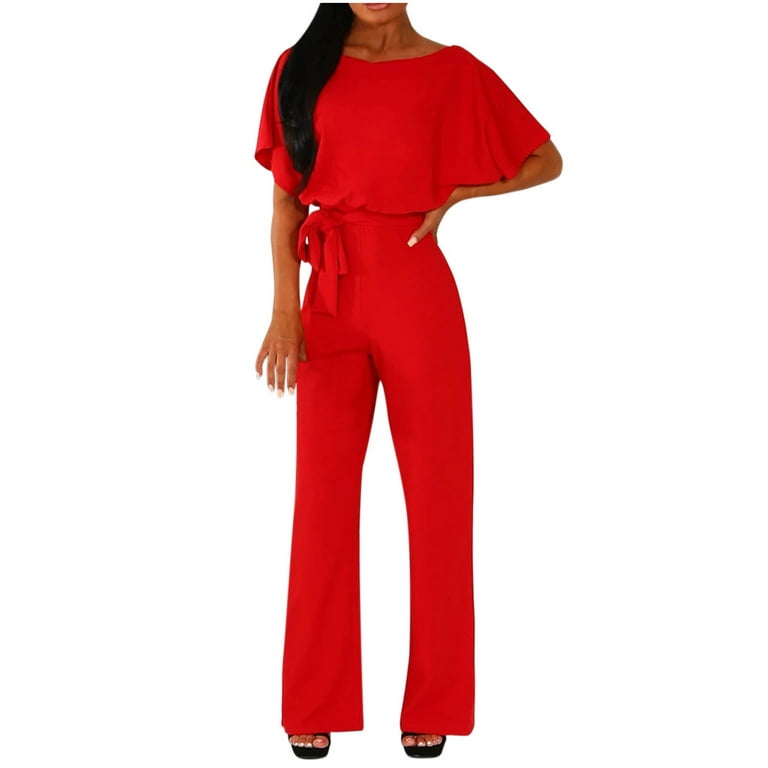 Jumpsuits for Women Casual Loose Batwing Sleeve Crewneck Elegant Rompers  Long Pants Belted Wide Legs Overall S-2XL