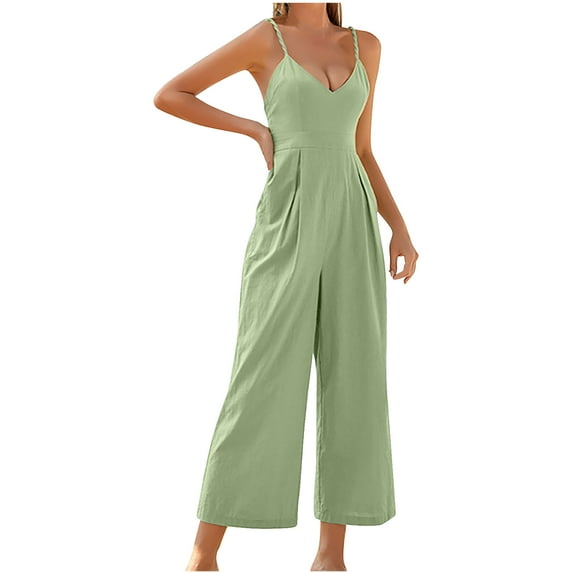Jumpsuits for Women Casual Sexy Deep V-Neck Backless Rompers Sleeveless Solid Color Loose Young Miss Suspender Wide Leg Overalls
