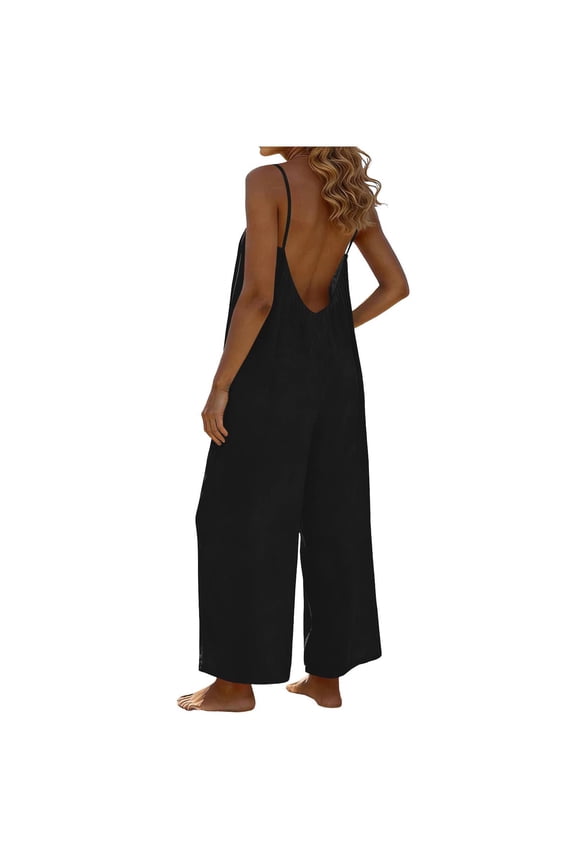Jumpsuits for Women Casual Solid Color Adjustable Strap Backless Wide Leg Long Pants Romper with Pockets, Summer Travel Clothes