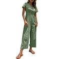 thumbnail image 1 of Jumpsuits for Women Casual Solid Color Short Sleeved Button Down Wide Leg Cropped Rompers,Green,M, 1 of 4