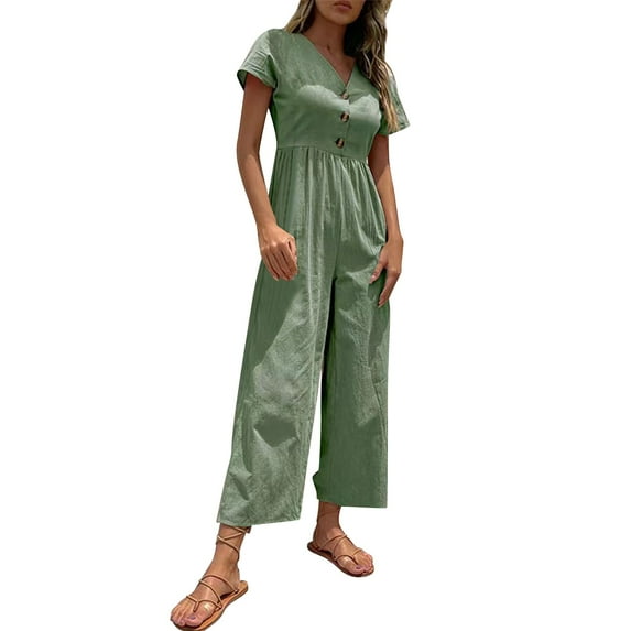 Jumpsuits for Women Casual Solid Color Short Sleeved Button Down Wide Leg Cropped Rompers,Green,M