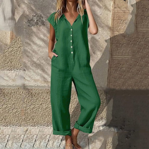 Jumpsuits for Women Casual Solid Linen Button Front Sleeveless Overalls, Long Pants for Casual Weekend Style Green M