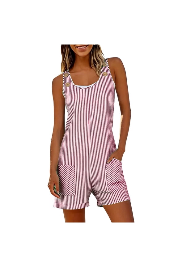 Jumpsuits for Women Casual Striped Crew Neck Sleeveless Button Overalls with Pockets Summer Rompers