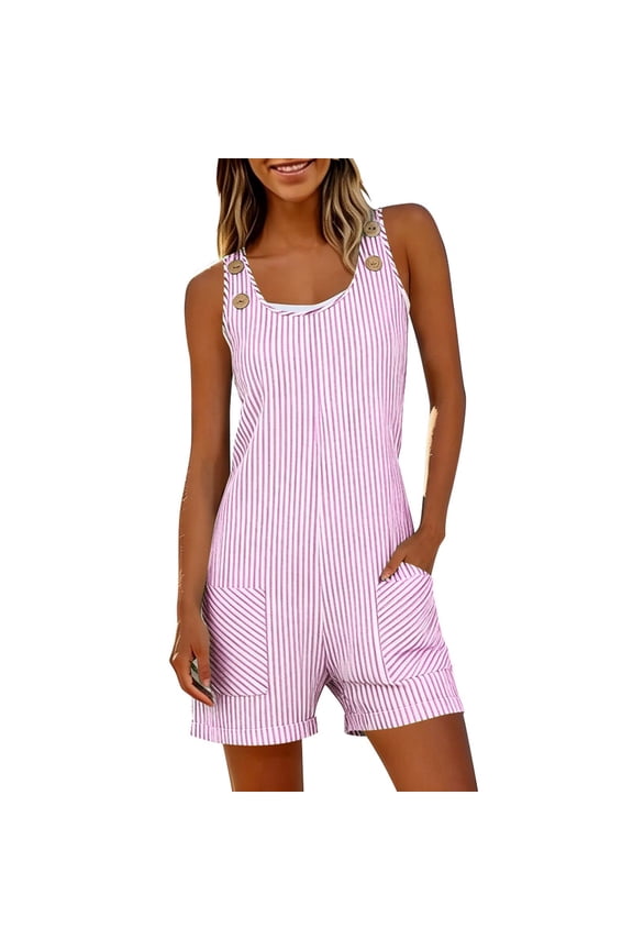 Jumpsuits for Women Casual Striped Crew Neck Sleeveless Button Overalls with Pockets Summer Rompers
