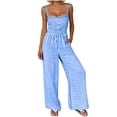 thumbnail image 1 of Jumpsuits for Women Casual Summer Cruise Spring Fashion Smocked Wide Leg Gingham Rompers with Pockets Blue, 1 of 8