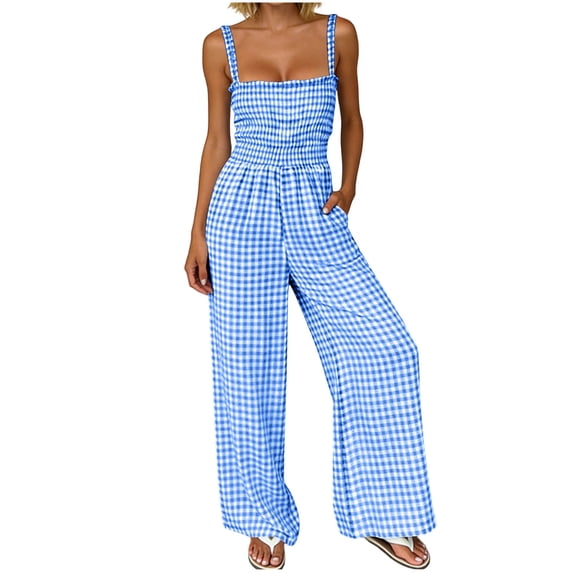 Jumpsuits for Women Casual Summer Cruise Spring Fashion Smocked Wide Leg Gingham Rompers with Pockets Blue