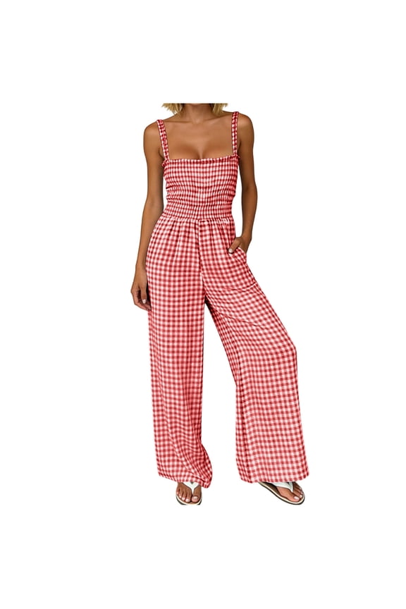 Jumpsuits for Women Casual Summer Cruise Spring Fashion Smocked Wide Leg Gingham Rompers with Pockets Red