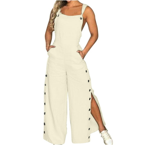 Jumpsuits for Women Casual Summer Overalls Button Up Comfy Rompers Sleeveless Wide Leg Loose Bib Pants with Pockets