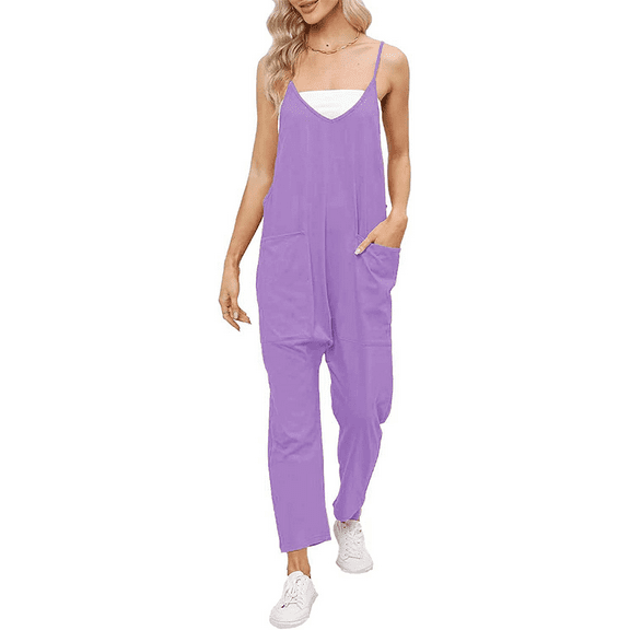 Jumpsuits for Women Casual Summer Overalls Sleeveless Spaghetti Strap Romper Jumpers Trendy Beach Vacation Outfits Purple M
