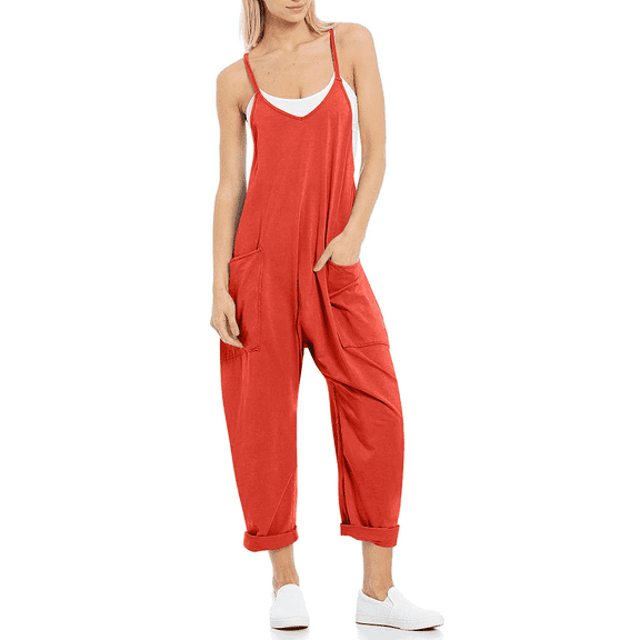Jumpsuits for Women Casual Summer Overalls Sleeveless Spaghetti Strap Romper Jumpers Trendy Beach Vacation Outfits Orange L