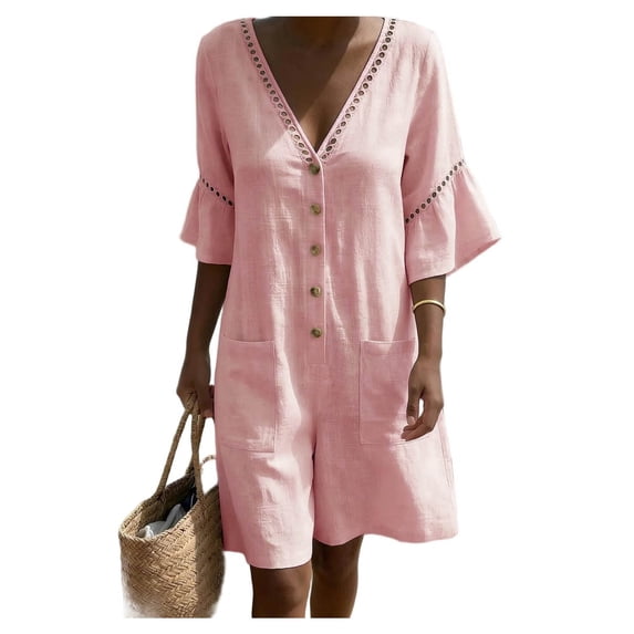 Jumpsuit for Women Casual Summer Rompers Fashion Solid V-Neck Short Sleeve Beach Vacation Pockets Button Short Jumpsuit