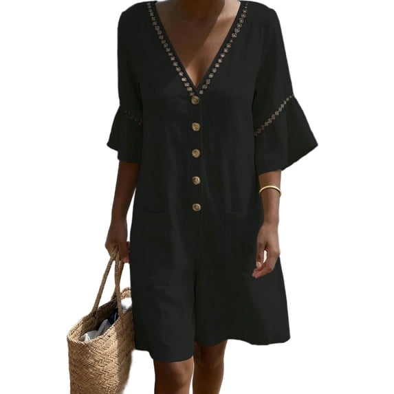 Jumpsuits for Women Casual Summer Rompers Fashion Solid V-Neck Short Sleeve Beach Vacation Pockets Button Short Jumpsuit