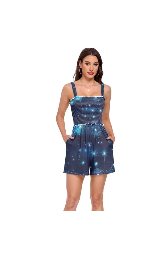 Jumpsuits for Women Casual Summer Rompers Sleeveless Strap Shorts Jumpers Blue Fireworks X-Large