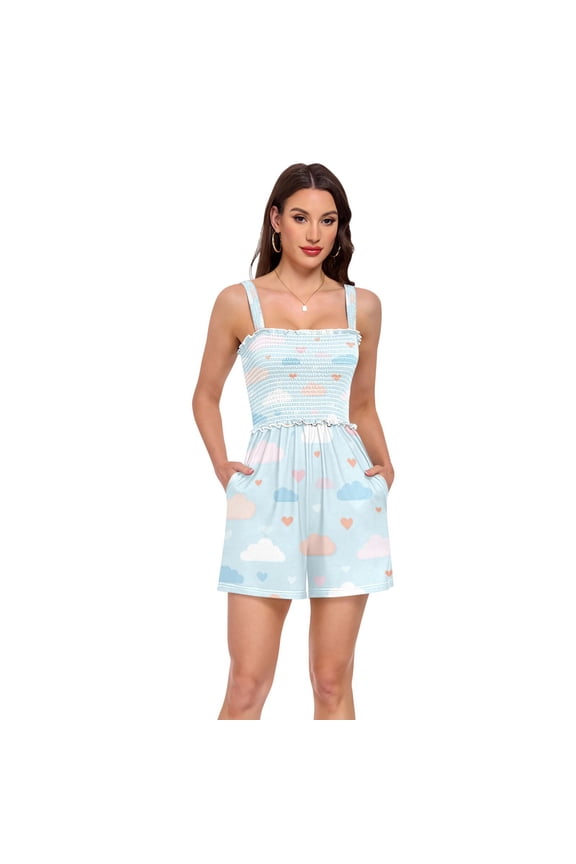 Jumpsuits for Women Casual Summer Rompers Sleeveless Strap Shorts Jumpers Cute Clouds and Hearts Pattern Medium
