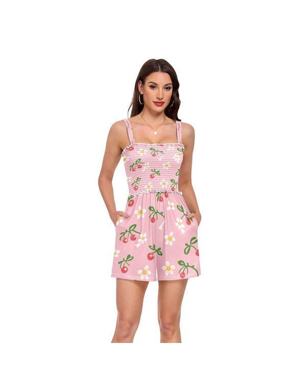 Jumpsuits for Women Casual Summer Rompers Sleeveless Strap Shorts Jumpers Daisies and Bow Pattern Small