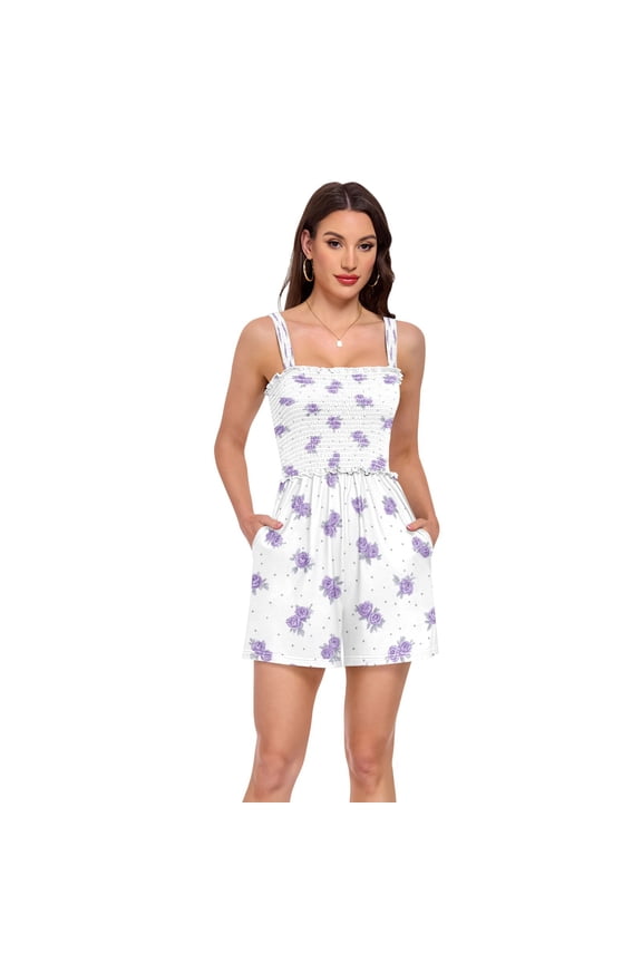 Jumpsuits for Women Casual Summer Rompers Sleeveless Strap Shorts Jumpers Lavender Roses Pattern Medium