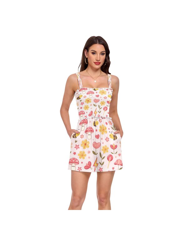 Jumpsuits for Women Casual Summer Rompers Sleeveless Strap Shorts Jumpers Pink Mushrooms and Yellow Bees XX-Large