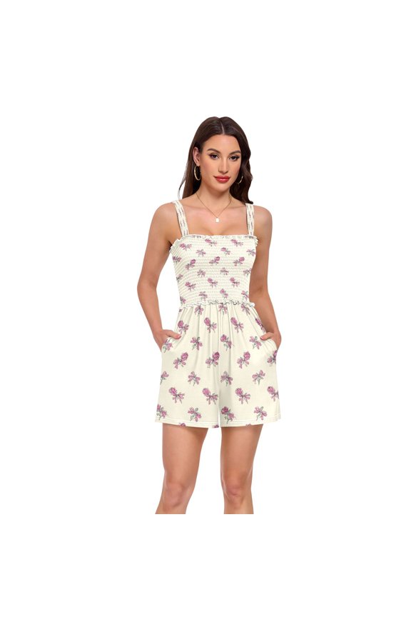 Jumpsuits for Women Casual Summer Rompers Sleeveless Strap Shorts Jumpers Pink Roses and Bows Pattern Medium