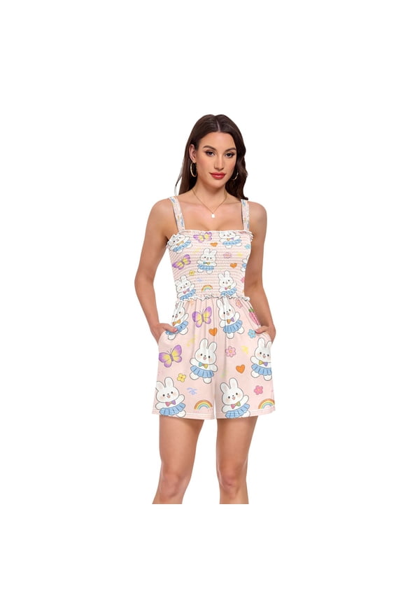 Jumpsuits for Women Casual Summer Rompers Sleeveless Strap Shorts Jumpers Rabbit Wearing Blue Dress Large
