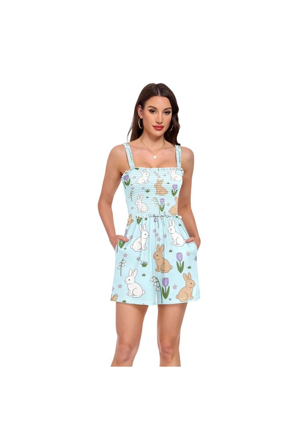 Jumpsuits for Women Casual Summer Rompers Sleeveless Strap Shorts Jumpers Rabbits and Tulips Pattern X-Large