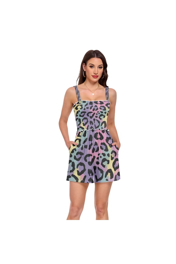 Jumpsuits for Women Casual Summer Rompers Sleeveless Strap Shorts Jumpers Rainbow Colors Leopard Print Medium