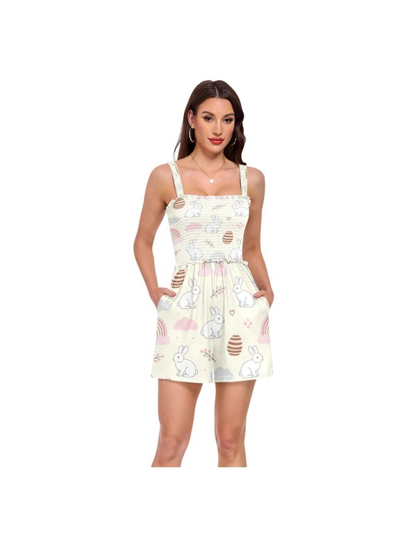 Jumpsuits for Women Casual Summer Rompers Sleeveless Strap Shorts Jumpers Rainbow and Rabbit Pattern Small