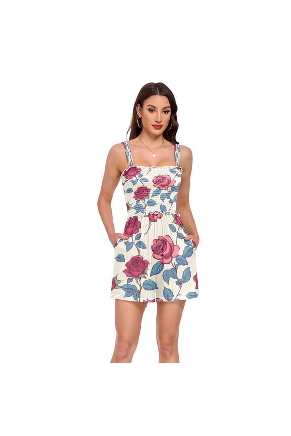 Jumpsuits for Women Casual Summer Rompers Sleeveless Strap Shorts Jumpers Red and Pink Roses Medium