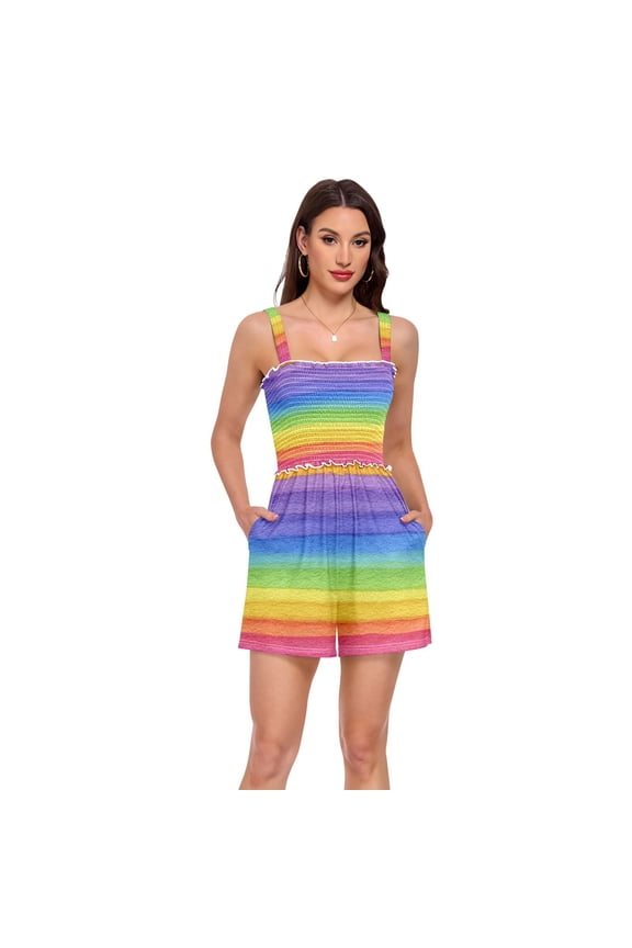 Jumpsuits for Women Casual Summer Rompers Sleeveless Strap Shorts Jumpers Watercolor Rainbow Colors Medium
