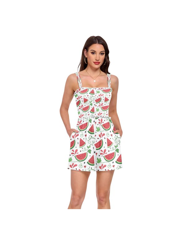 Jumpsuits for Women Casual Summer Rompers Sleeveless Strap Shorts Jumpers Watermelon Decorative Pattern Large