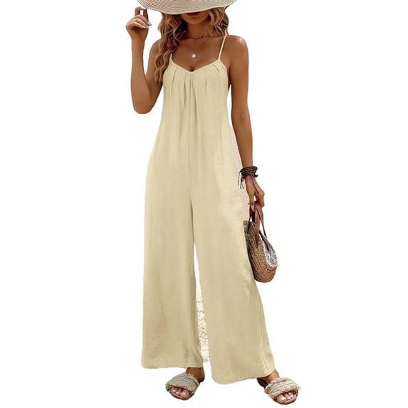 Jumpsuits for Women Casual V Neck Sleeveless Rompers with Pockets Summer Lightweight Dressy Wide Leg Overalls