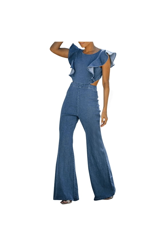 Jumpsuits for Women Cute, Denim Jean Rompers Womens Cut Out Backless Ruffle Sleeves Slim Bell Bottom Jumpsuit